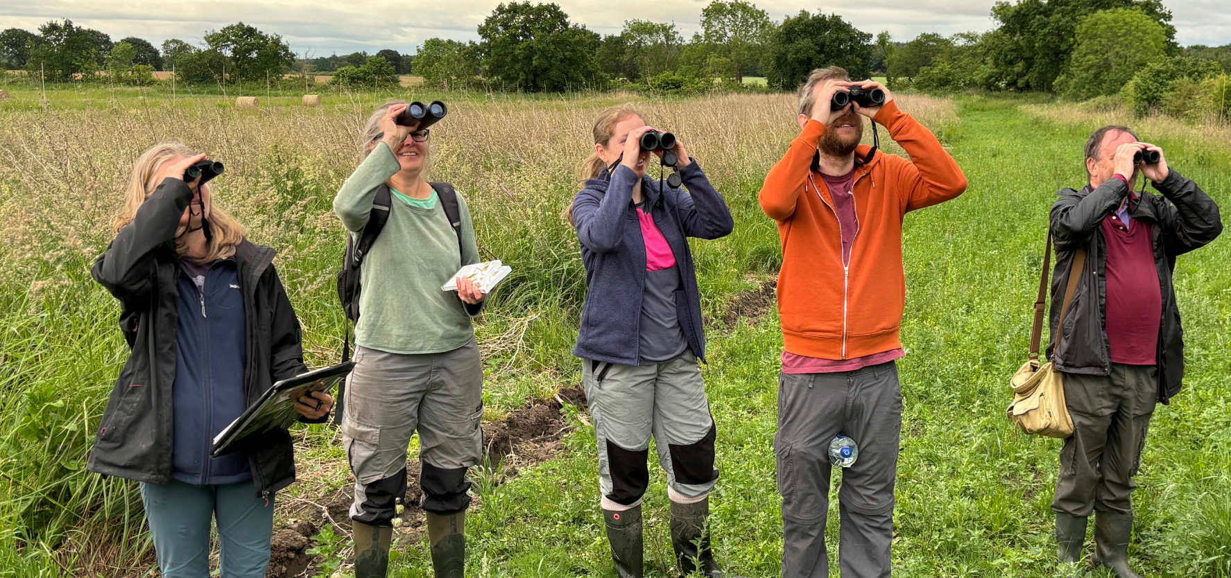Five people stood in the countryside, looking up through binoculars.