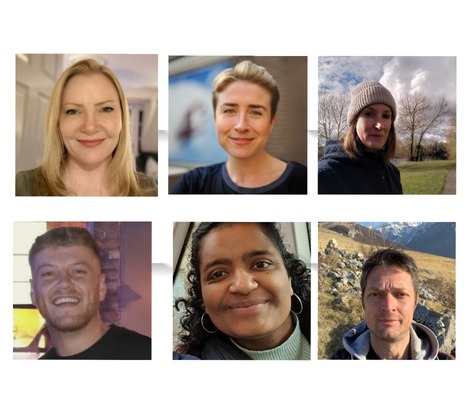 A collage of six headshots showing Andrea, Charlotte, Jo, Kieran, Sarah and Tom